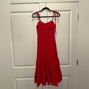 Lulu's Vibrant Red Floral Midi Strapless Dress